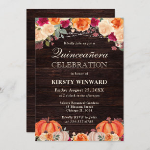 Rustic Fall Orange Pumpkins Floral Quinceanera Invitation