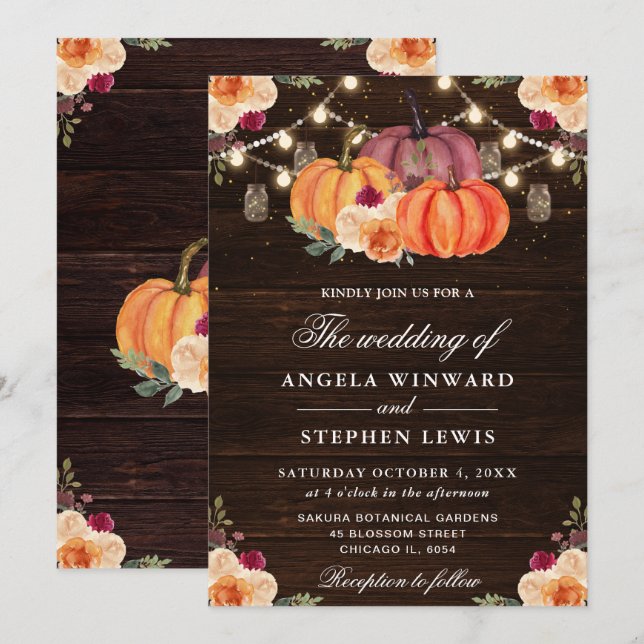 Rustic Fall Orange Pumpkins Floral Wedding Invitation (Front/Back)