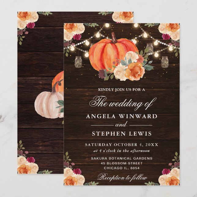 Rustic Fall Orange Pumpkins Floral Wedding Invitation (Front/Back)