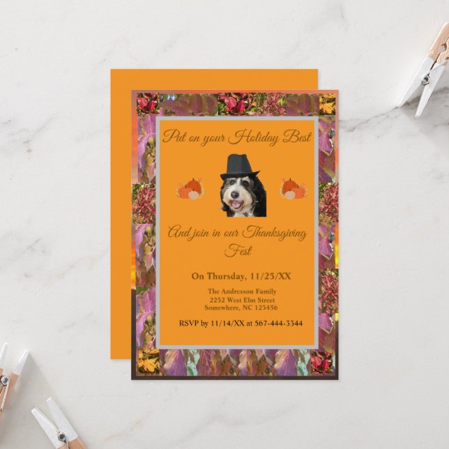 Rustic Fall Pilgrim Dog Thanksgiving  Invitation (Front/Back In Situ)