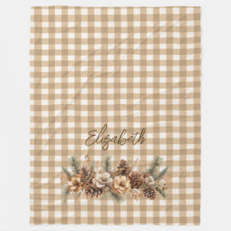 Rustic Fall Pine Cones Brown Gingham Personalised  Fleece Blanket