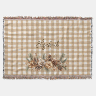 Rustic Fall Pine Cones Brown Gingham Personalised Throw Blanket