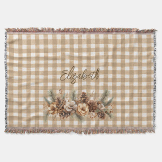 Rustic Fall Pine Cones Brown Gingham Personalised Throw Blanket