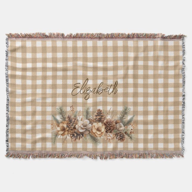 Rustic Fall Pine Cones Brown Gingham Personalised  Throw Blanket (Front)