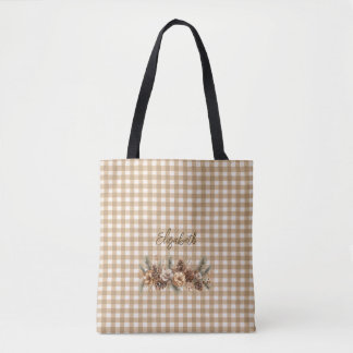 Rustic Fall Pine Cones Brown Gingham Personalised Tote Bag