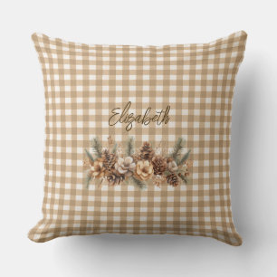 Rustic Fall Pine Cones Brown Gingham Personalized Cushion