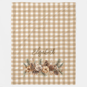 Rustic Fall Pine Cones Brown Gingham Personalized Fleece Blanket