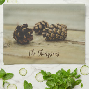 Rustic Fall Pinecones Farmhouse Theme Custom Name Tea Towel
