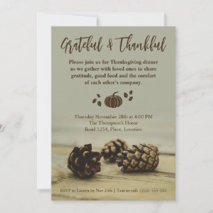 Rustic Fall Pinecones On Wood Pumpkin Thanksgiving Invitation