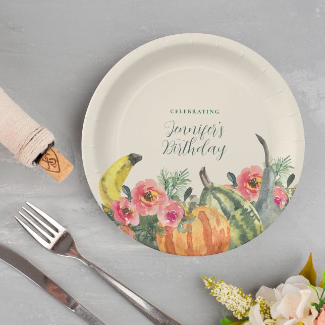 Rustic Fall Pink Floral Pumpkins Birthday Party Paper Plate (Creator Uploaded)