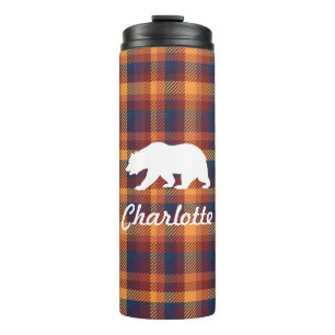 Rustic Fall Plaid & White Bear Silhouette Thermal Tumbler