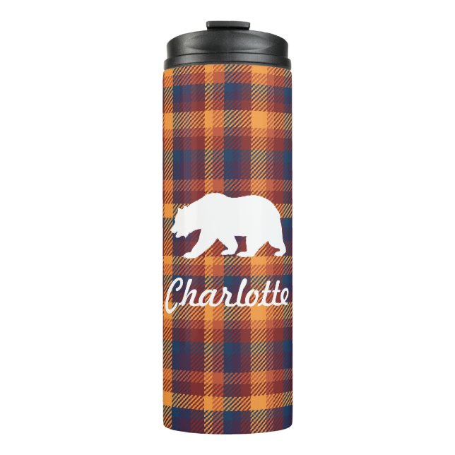 Rustic Fall Plaid & White Bear Silhouette Thermal Tumbler (Front)