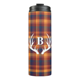 Rustic Fall Plaid & White Deer Antlers Silhouette Thermal Tumbler