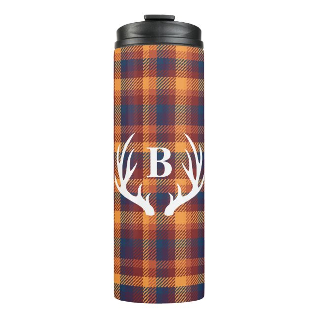 Rustic Fall Plaid & White Deer Antlers Silhouette Thermal Tumbler (Front)
