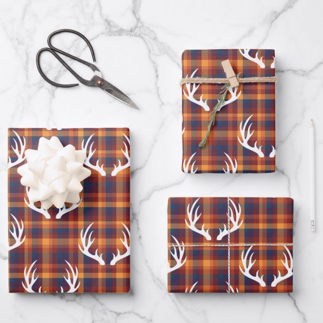Rustic Fall Plaid & White Deer Antlers Wrapping Paper Sheet (Front)