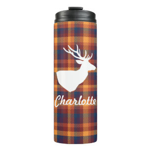 Rustic Fall Plaid & White Deer Silhouette Thermal Tumbler