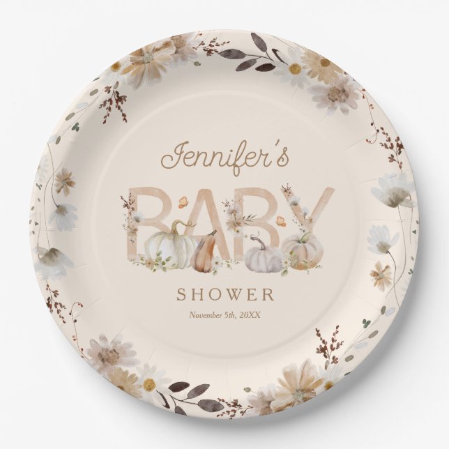 Rustic Fall Pumpkin and Floral Baby Shower Paper Plate (Front)