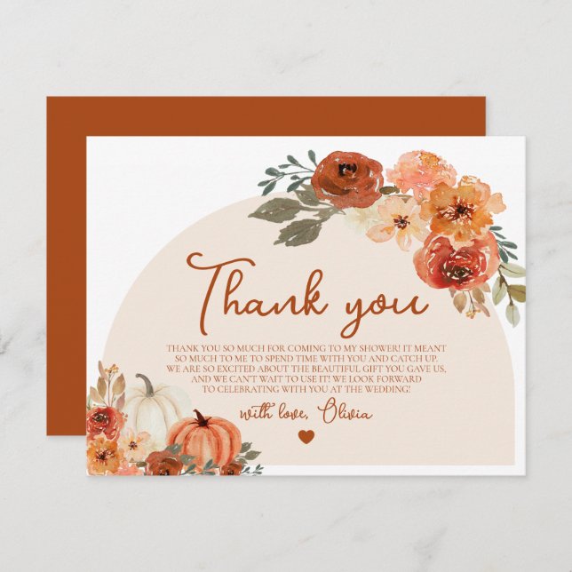 Rustic Fall Pumpkin Autumn Floral Bridal Shower Thank You Card (Front/Back)