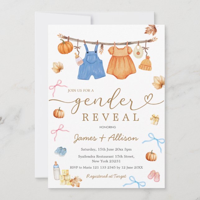 Rustic Fall Pumpkin Baby Clothes Gender Reveal Invitation (Front)