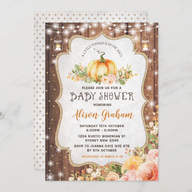 Rustic Fall Pumpkin Baby Shower Autumn Floral Invitation (Front/Back)
