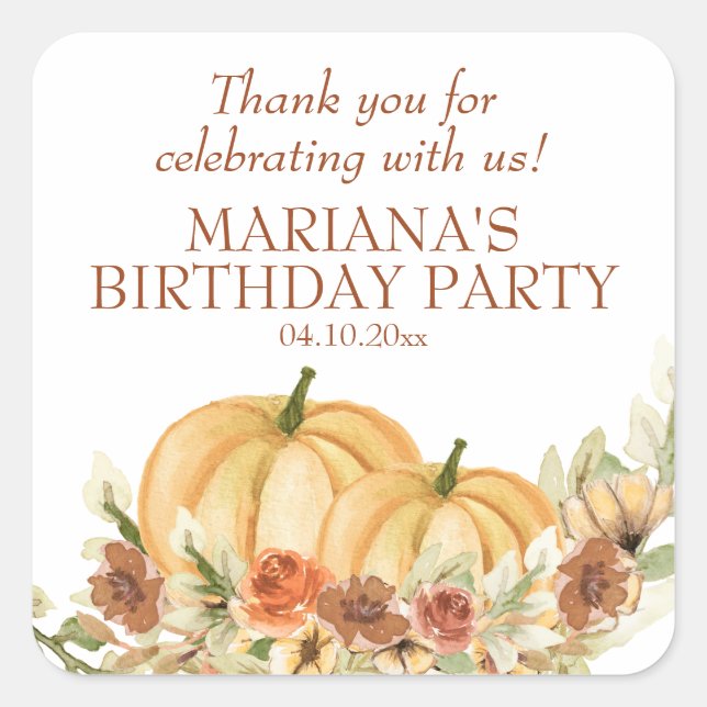 Rustic Fall Pumpkin Birthday Party Favour Square Sticker (Front)