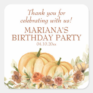 Rustic Fall Pumpkin Birthday Party Favour Square Sticker