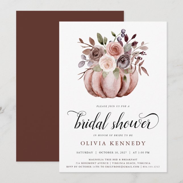 Rustic Fall Pumpkin Bridal Shower Rust Floral  Invitation (Front/Back)