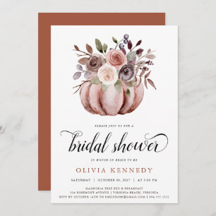 Rustic Fall Pumpkin Bridal Shower Rust Floral  Invitation