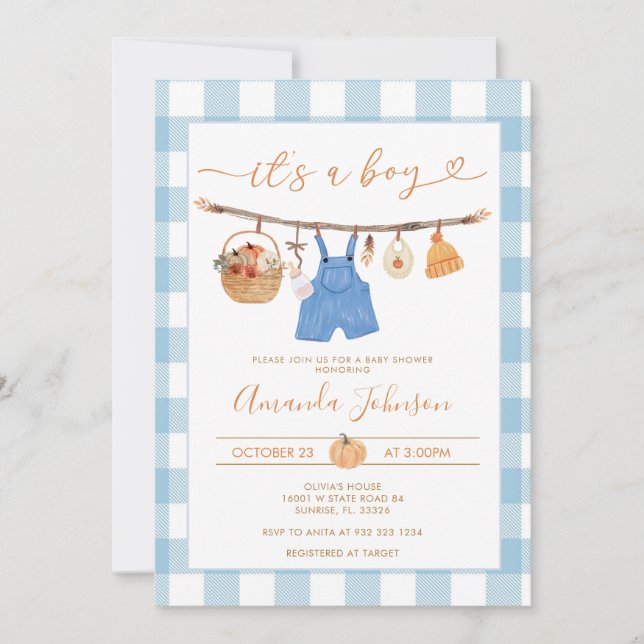 Rustic Fall Pumpkin Clothesline Boy Baby Shower  Invitation (Front)