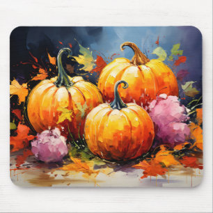 Rustic Fall Pumpkin Colorful Autumn Leaves Mouse Mat