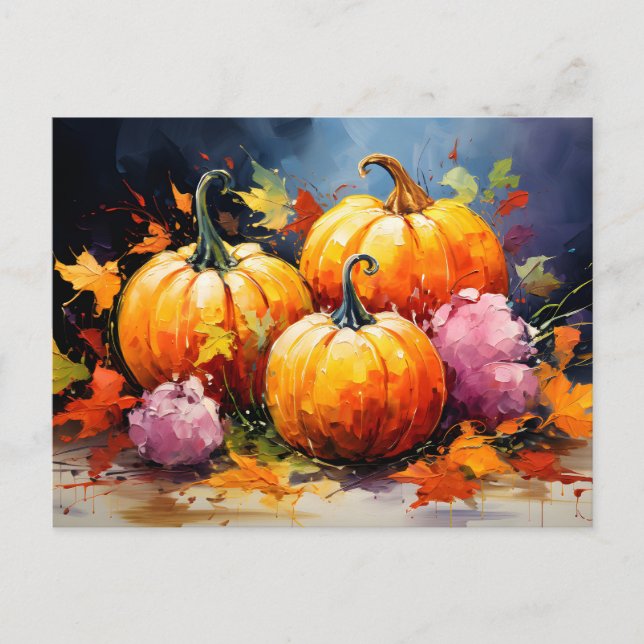 Rustic Fall Pumpkin Colourful Autumn Leaves Announcement Postcard (Front)