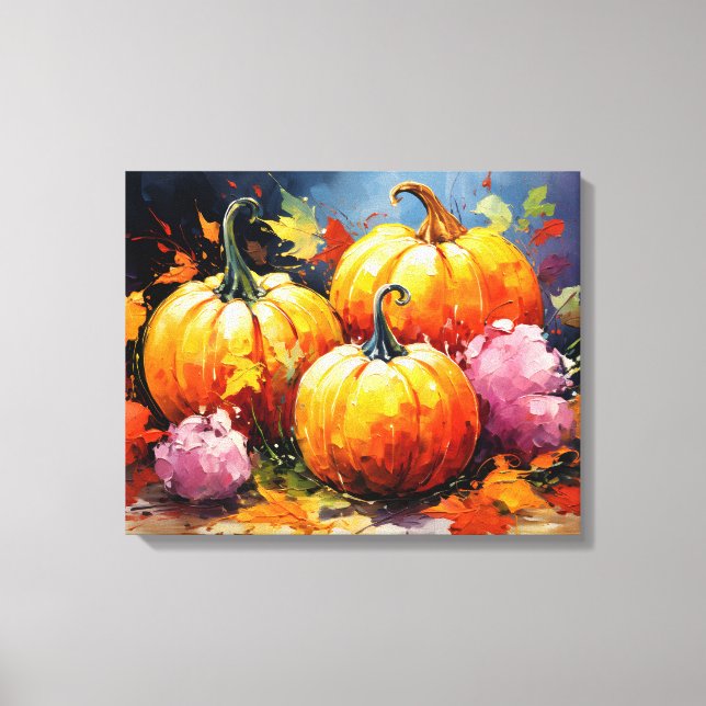 Rustic Fall Pumpkin Colourful Autumn Leaves Canvas Print (Front)