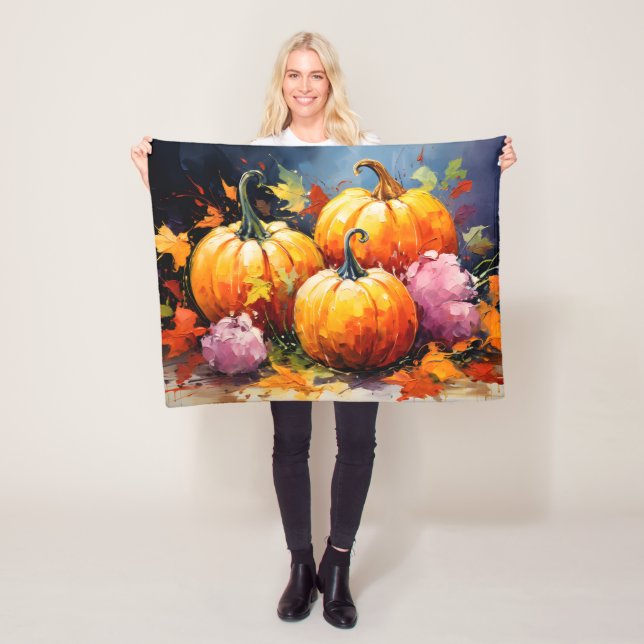 Rustic Fall Pumpkin Colourful Autumn Leaves Fleece Blanket (In Situ)