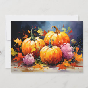 Rustic Fall Pumpkin Colourful Autumn Leaves Holiday Card