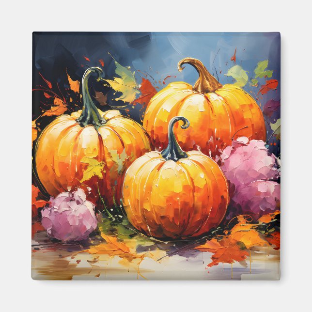 Rustic Fall Pumpkin Colourful Autumn Leaves Magnet (Front)