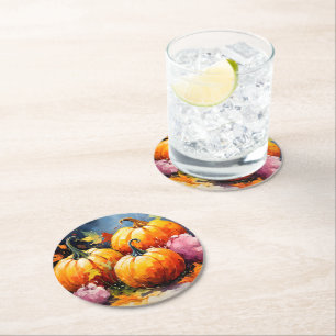 Rustic Fall Pumpkin Colourful Autumn Leaves Round Paper Coaster