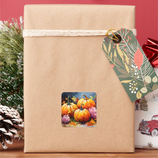 Rustic Fall Pumpkin Colourful Autumn Leaves Square Sticker (Holiday)