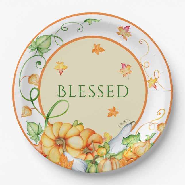 Rustic Fall Pumpkin Floral Blessed Thanksgiving  Paper Plate (Front)