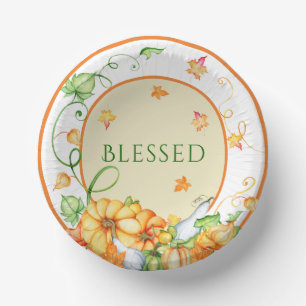 Rustic Fall Pumpkin Floral Blessed Thanksgiving Paper Plate