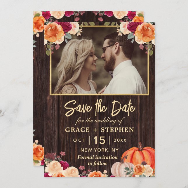 Rustic Fall Pumpkin floral wedding save the date (Front/Back)