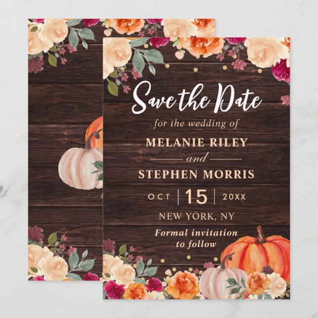 Rustic Fall Pumpkin floral wedding save the date (Front/Back)