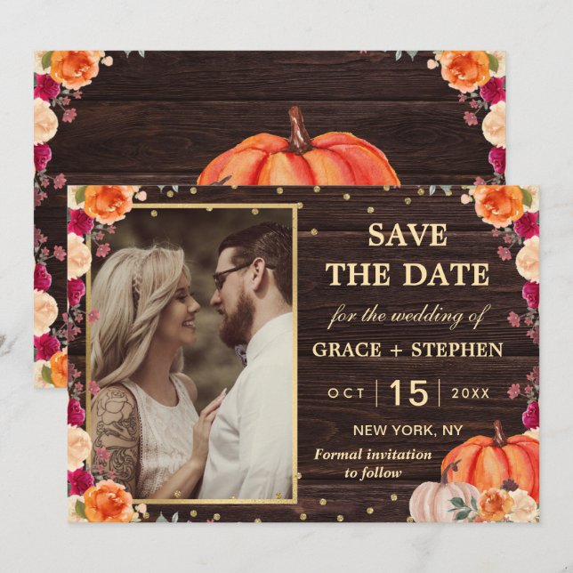 Rustic Fall Pumpkin floral wedding save the date (Front/Back)
