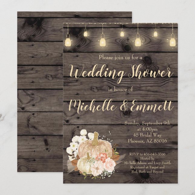 Rustic Fall Pumpkin Gold Wedding Shower Invitation (Front/Back)