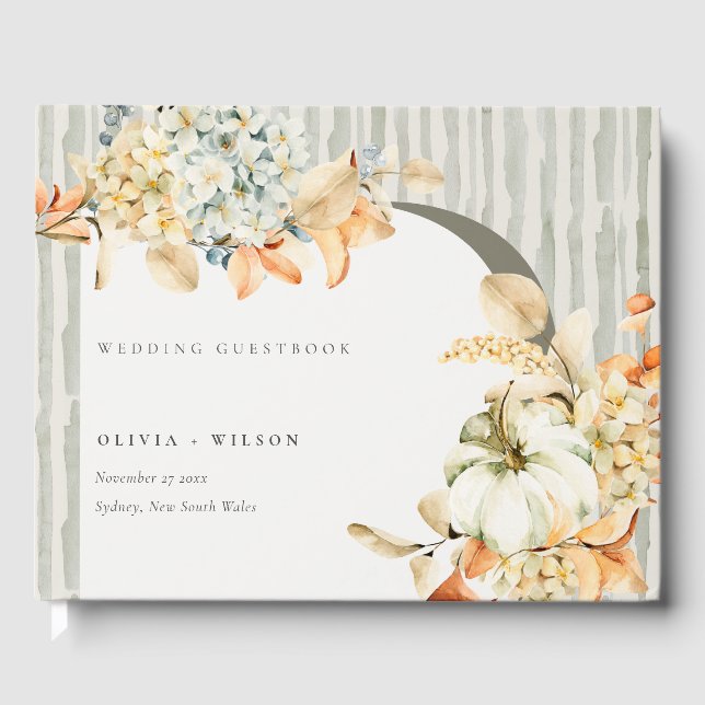 Rustic Fall Pumpkin Leafy Floral Arch Wedding Guest Book (Front)