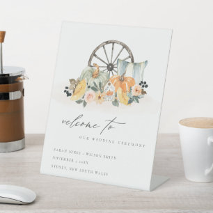 Rustic Fall Pumpkin Leafy Floral Wedding Welcome Pedestal Sign