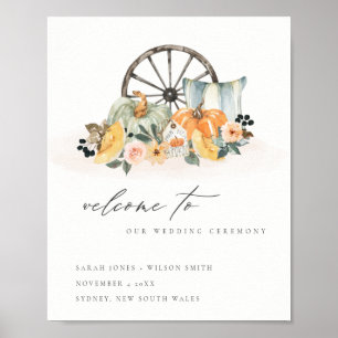 Rustic Fall Pumpkin Leafy Floral Wedding Welcome Poster
