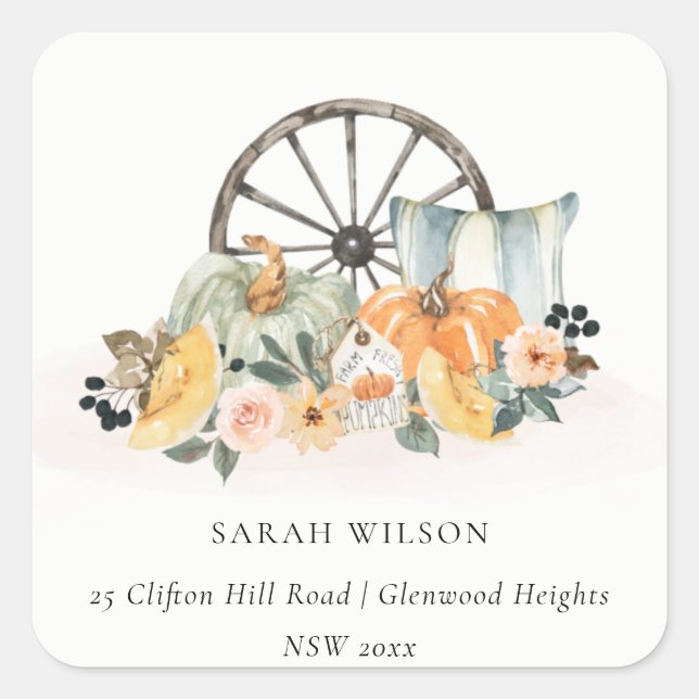 Rustic Fall Pumpkin Leafy Floral Wheel Address Square Sticker (Front)