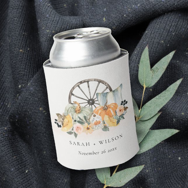 Rustic Fall Pumpkin Leafy Floral Wheel Wedding Can Cooler (Creator Uploaded)