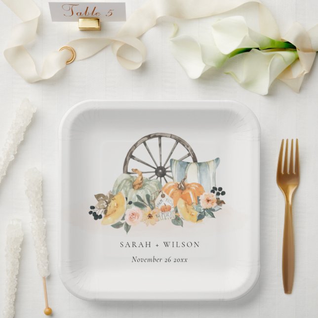 Rustic Fall Pumpkin Leafy Floral Wheel Wedding Paper Plate (Wedding)