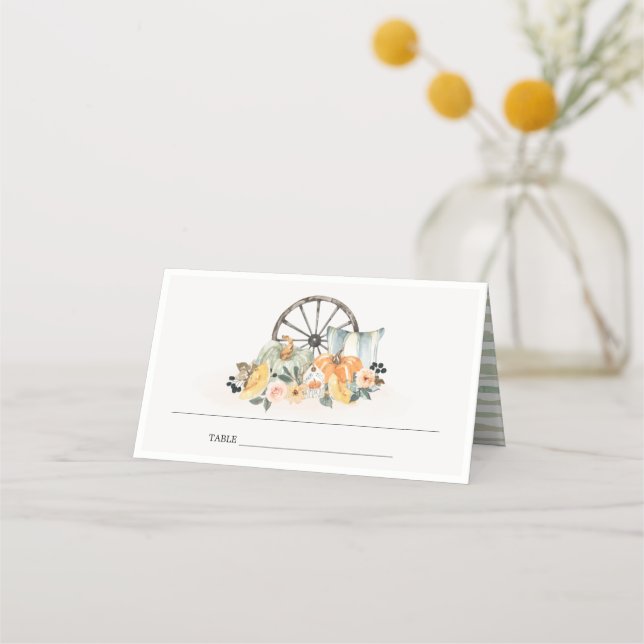 Rustic Fall Pumpkin Leafy Floral Wheel Wedding Place Card (Back)